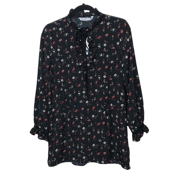 Zara Basic Denim z1975 Black Floral Tie Neck Long Sleeve Blouse NWT Medium - Picture 1 of 12